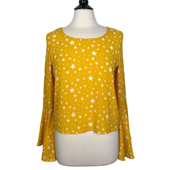 NEW Lord & Taylor Design Lab Yellow White Star Print Bell Sleeve Top Small - Picture 5 of 9